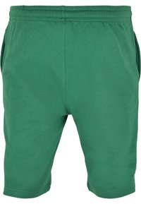 Shorts en coton verts avec une taille élastique, des poches latérales et une texture douce et lisse, présentant un design simple sans motifs visibles.