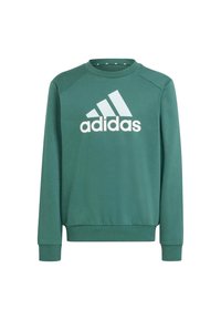 Felpa verde realizzata in misto cotone con polsini e orlo a costine. Presenta un grande logo Adidas bianco sulla parte anteriore.