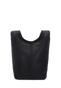 Black leather shoulder bag with a soft texture, U-shaped top, and minimalistic design. Features a flat bottom for stability.