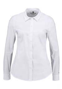 White long-sleeve button-up shirt with a pointed collar and fitted waist, displayed on a plain white background.
