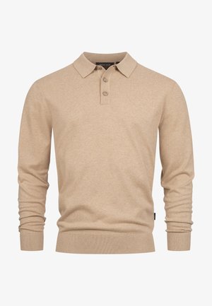 Beige long-sleeve polo shirt featuring a classic collar, three-button placket, and ribbed cuffs and hem. Soft, textured material.