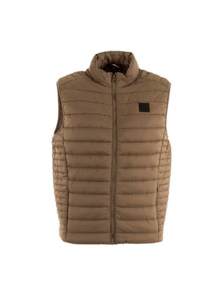 Beige gewatteerd gewatteerd vest met een hoge kraag en een rits aan de voorkant. Heeft een logopatch op de borst en een gestructureerd oppervlakontwerp.