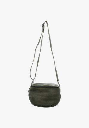 Kleine olivgrüne Leder-Umhängetasche mit Reißverschluss und verstellbarem Schulterriemen vor weißem Hintergrund.