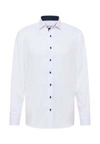 Weißes Langarmhemd mit schwarzen Knöpfen und einem inneren Kragen in Marineblau mit Punkten. Glattes Material, taillierte Passform mit klassischem Design.