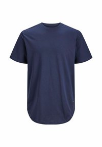 Navy blue short-sleeve crew neck T-shirt with rounded hem, plain front, and small tag near bottom side seam.