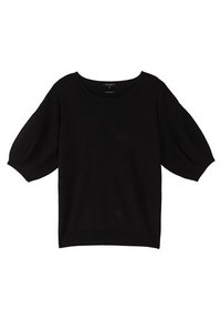 Zwarte trui met balonmouwen en een brede halslijn, voorzien van twee zijklinkers en een zachte textuur, ontworpen voor comfort en gemak.