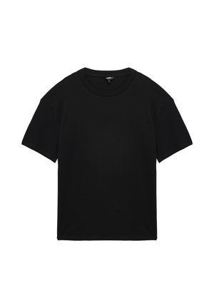 T-shirt nera semplice a maniche corte con scollo rotondo, distesa su uno sfondo bianco, vista frontale con cuciture visibili.
