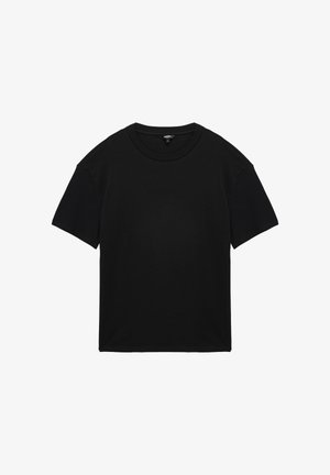 Plain black short-sleeve crew neck T-shirt, laid flat on a white background, showing front view with visible seams.