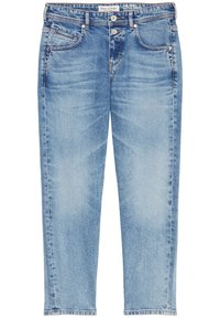 Světle modré džíny z denimového materiálu s kratším střihem, které mají klasický design s pěti kapsami, dvoubodové zapínání a roztrhaný lem.