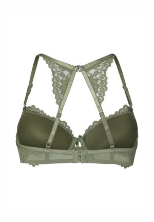 Olivgrüner Spitzen-BH mit gepolsterten Cups, verstellbaren Trägern und einem Blazer-Rücken mit floralen Spitzen-Details.
