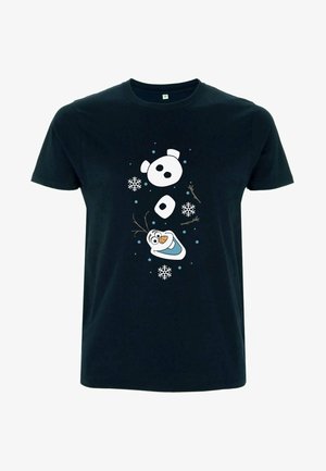 T-shirt en coton bleu marine avec un design graphique d'un bonhomme de neige, de flocons de neige et d'un personnage souriant, centré sur le devant.