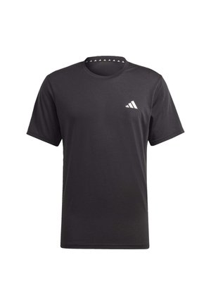 T-shirt noir en tissu lisse, avec un col rond, des manches courtes, et un logo blanc sur la poitrine gauche. Agrémenté de détails en forme de triangle.
