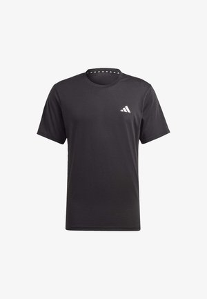 Zwart T-shirt van gladde stof, met een ronde hals, korte mouwen en een wit logo op de linkerborst. Verfraaid met driehoekige details.