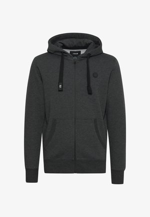 Hanorac închis la culoare, cu fermoar, glugă cu șnur, buzunare laterale, manșete ribbate și detaliu cu logo pe piept. Fabricat dintr-un material moale.