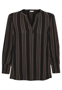 Langarmige schwarze Bluse mit vertikalen braunen Streifen, V-Ausschnitt und gerafften Manschetten. Weicher Stoff mit lockerer Passform.