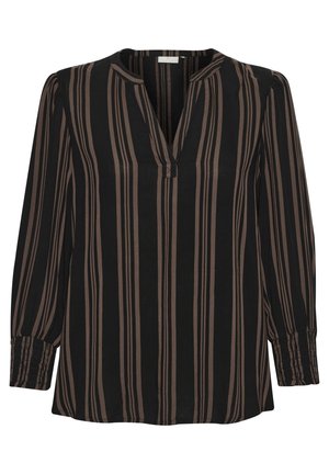 Langarmige schwarze Bluse mit vertikalen braunen Streifen, V-Ausschnitt und gerafften Manschetten. Weicher Stoff mit lockerer Passform.