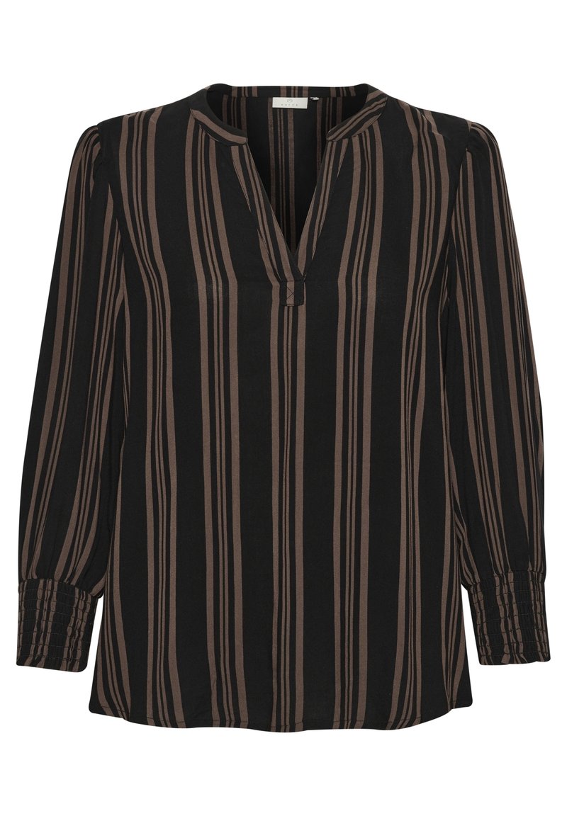 Langarmige schwarze Bluse mit vertikalen braunen Streifen, V-Ausschnitt und gerafften Manschetten. Weicher Stoff mit lockerer Passform.