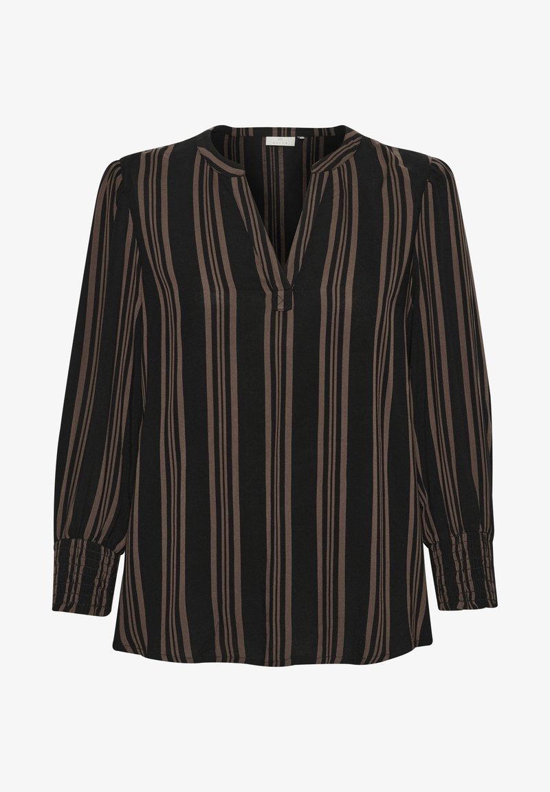 Long-sleeve black blouse with vertical brown stripes, V-neckline, and gathered cuffs. Soft fabric texture with a loose fit.