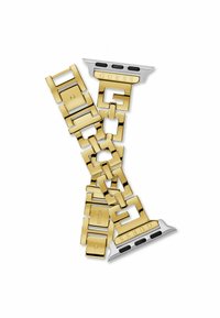 Złoty metalowy bransoletka z ze sobą połączonymi kwadratowymi ogniwami, z charakterystycznym srebrnym zapięciem wygrawerowanym napisem "GUESS" oraz trzema czarnymi akcentami.