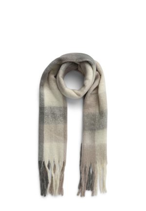 Sciarpa di lana a quadri con tonalità di grigio, crema e beige, caratterizzata da orli sfilacciati e una consistenza morbida. Design arrotolato per un indossare facile.