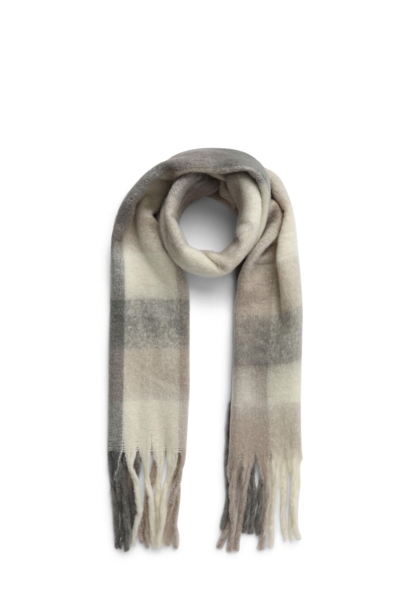 Sciarpa di lana a quadri con tonalità di grigio, crema e beige, caratterizzata da orli sfilacciati e una consistenza morbida. Design arrotolato per un indossare facile.