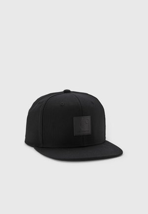Black snapback cap made of fabric, featuring a flat brim, six-panel design, and embossed black logo patch on the front.