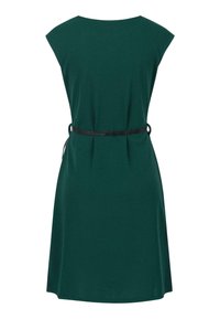 Grün ärmelloses Kleid mit rundem Ausschnitt, in der Taille mit einem schwarzen Gürtel gerafft und mit einem weit schwingenden Rock. Glatte Textur.