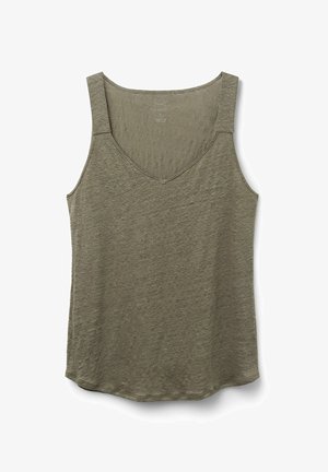 Canottiera verde oliva con scollo a V, spalline larghe e vestibilità rilassata. Realizzata in un tessuto morbido e testurizzato con una leggera brillantezza.