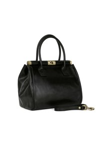 Borsa in pelle nera dalla forma strutturata, con duplice manico superiore e tracolla staccabile. Presenta una chiusura in tonalità oro nella parte superiore.