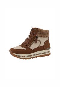 Sneaker alta marrone e beige con accenti in suede e pelliccia sintetica, design con lacci, zip laterale e suola in gomma testurizzata con brand.