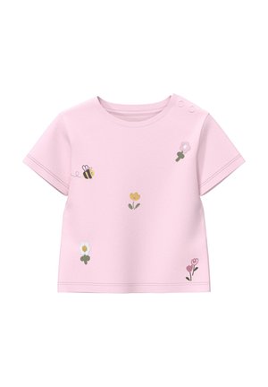 Lichtroze korte mouwen peuter shirt met kleine geborduurde bij en verschillende bloemen motieven, voorzien van drukknoopjes op de schouder.