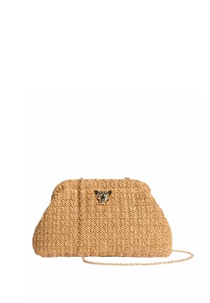 Beige woven clutch bag with a gold chain strap and a small metallic panther head emblem on the front.