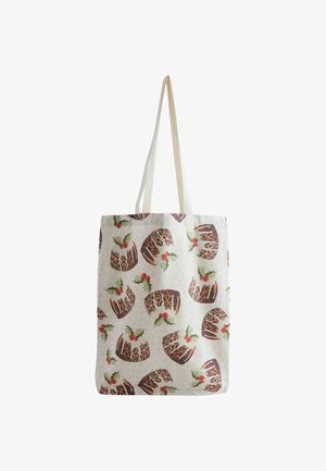 Borsa a tracolla realizzata in tessuto con uno sfondo chiaro decorato da un motivo di dessert a stampa leopardata e foglie di agrifoglio con bacche rosse.