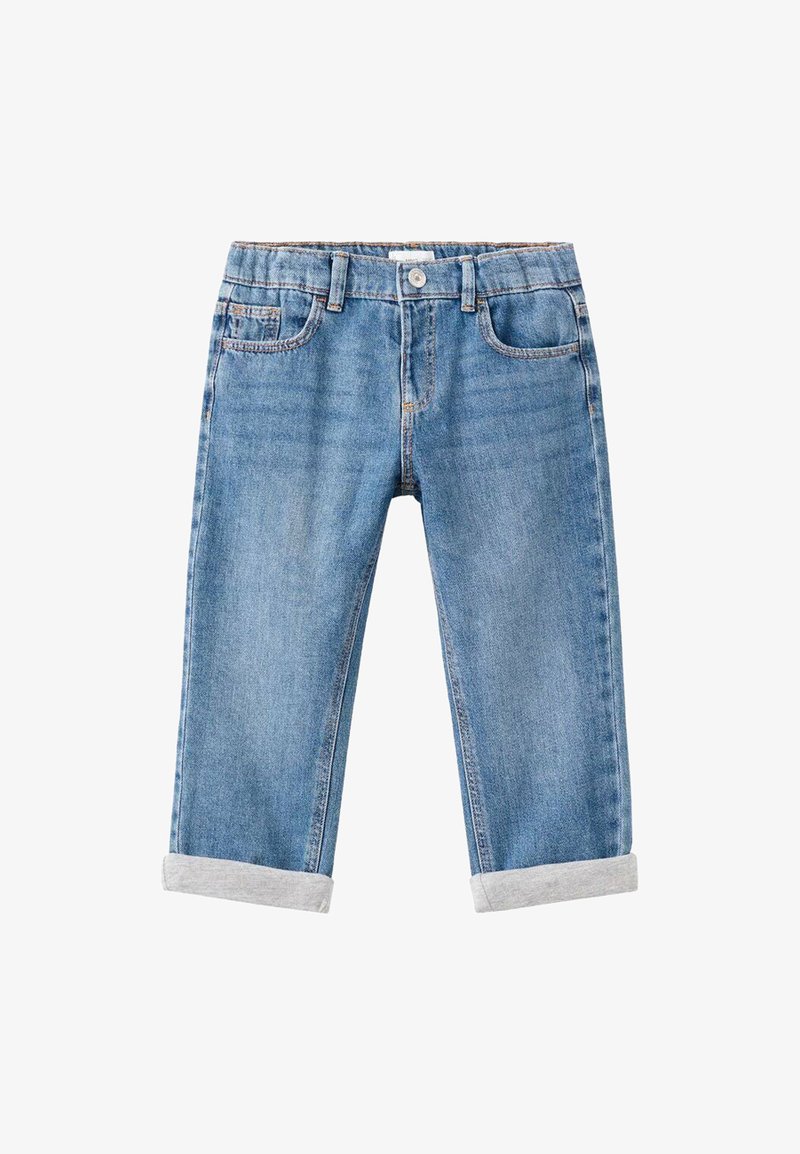 Helle blaue Denim-Jeans mit gerader Passform, umgeschlagenen Säumen und zwei Fronttaschen. Verfügt über einen Knopfverschluss und minimale Nähdetails.