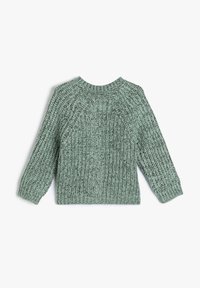 Sweter dzianinowy w miękkim zielonym kolorze, z okrągłym dekoltem, prążkowanymi mankietami i fakturowanym wzorem. Idealny na codzienne noszenie.