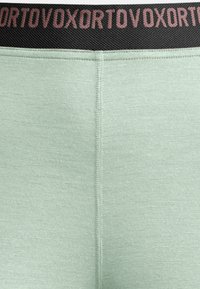 Mint green athletic leggings feature a solid texture, a wide black waistband with a pink logo, and flat seams for comfort.