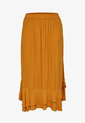Falda midi fluida en naranja quemado con cintura elástica y detalles de volantes en el dobladillo.