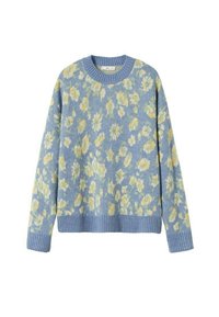 Hellblauer Pullover mit Rundhalsausschnitt und langen Ärmeln, mit einem Blumenmuster in Gelb und Weiß. Gerippter Saum und Ärmelbündchen.