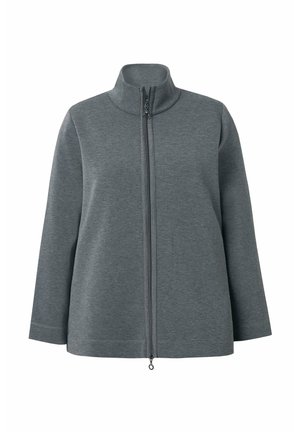 Szara kurtka na zamek z wysokim kołnierzem, wykonana z miękkiego materiału, o prostym kroju i długich rękawach, z widocznym zamkiem błyskawicznym.