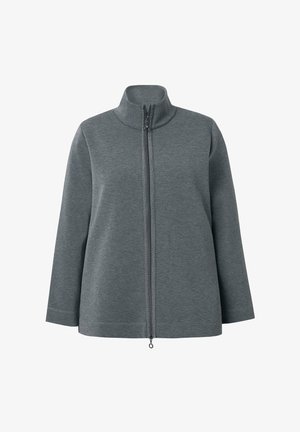 Grå lynlåstrøje med høj krave, lavet af blødt stof, med lige snit og lange ærmer, med synligt lynlåsdetaill.