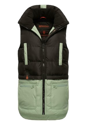 Puffer gilet in zwart en mintgroen. Kenmerken zijn een hoge kraag, een ritssluiting aan de voorkant, twee met rits afgesloten zakken en horizontale vulling. Zachte structuur overal.