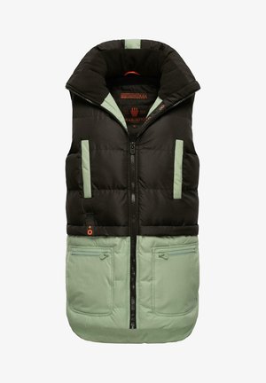 Puffer vest in black and mint green. Features high collar, front zip, two zippered pockets, and horizontal padding. Soft texture throughout.