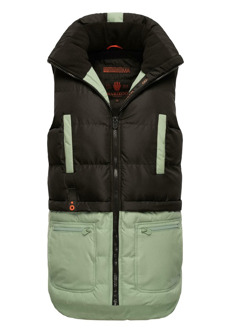 Kamizelka puchowa w czarnym i miętowym kolorze. Posiada wysoki kołnierz, zamek z przodu, dwie kieszenie na zamek oraz poziome pikowanie. Miękka tekstura na całej powierzchni.