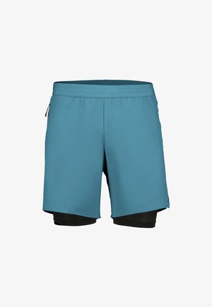 Blauwe sportshorts met een zwarte compressie binnenlaag en een elastische tailleband met een zijritszak.