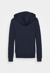Mörkblå hoodie med lång ärm och ribbad mudd. Enkelt design, tillverkad av mjukt tyg, med en enfärgad yta utan mönster.