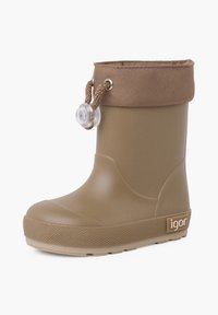 Botte en caoutchouc vert olive avec un revers en tissu marron et un cordon de serrage. Présente une semelle texturée et un logo de marque en relief sur le côté.