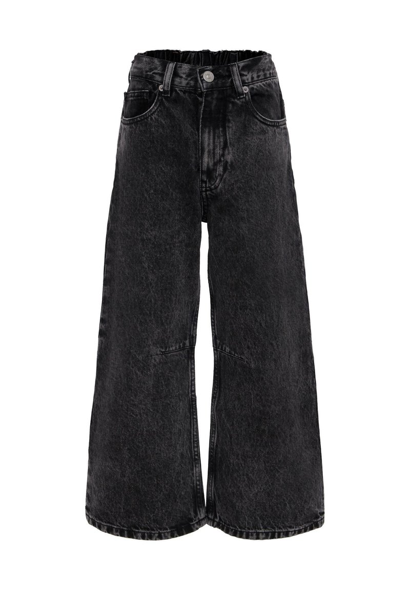 Szerokie czarne dżinsy z elastycznym paskiem w talii, przednimi kieszeniami i wyblakłą teksturą. Zaprojektowane w luźnym, swobodnym stylu.