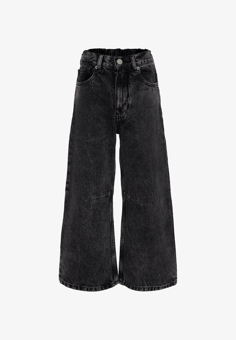 Pantalons en denim noir à jambe large avec une taille élastique, des poches avant et une texture délavée. Conçus pour un ajustement ample et décontracté.