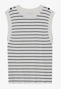 Bez rękawów biały top dzianinowy z cienkimi czarnymi poziomymi paskami i czarnymi guzikami na każdym ramieniu.