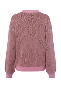 Gebreide trui in stofroze en mauve, met een diamanten ribstructuur, ronde halslijn en stofroze ribkanten bij de mouwen en onderkant.